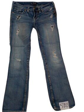 Silver Aiko Flap Boot Dark Blue Denim Destroyed Jeans Womens Size 27 x 30